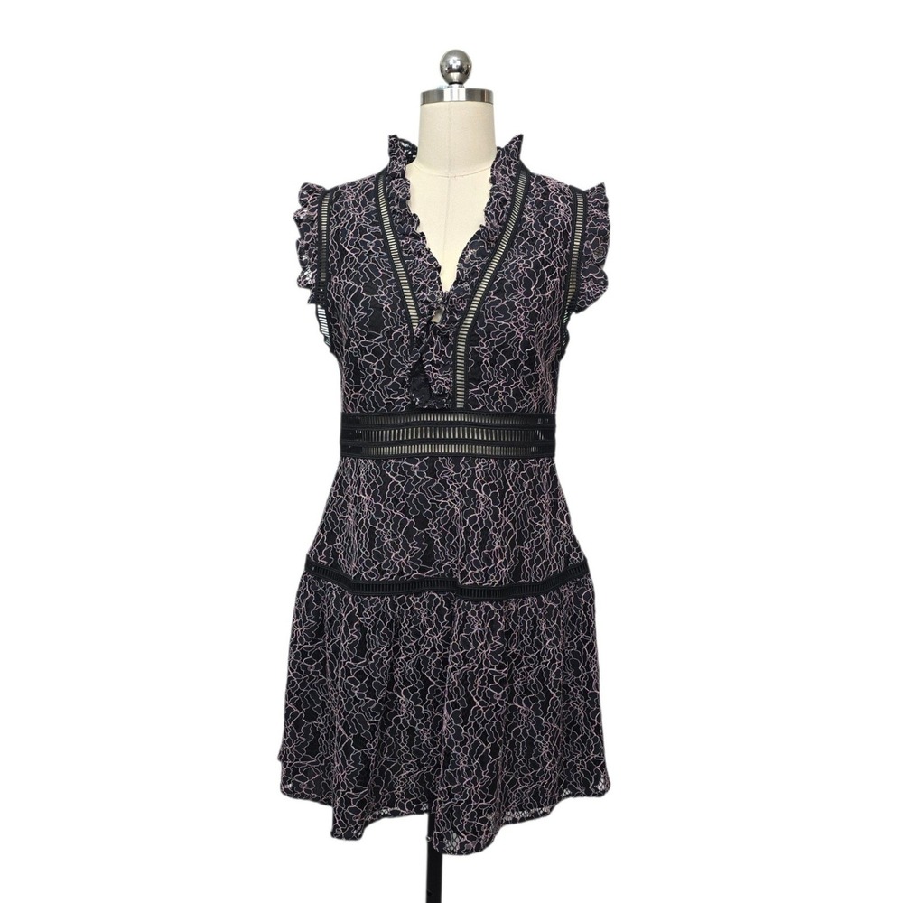 Mare Mare Anthropologie Black Pink Lace Ruffle V-Neck Mini Dress Med Ladder Trim
